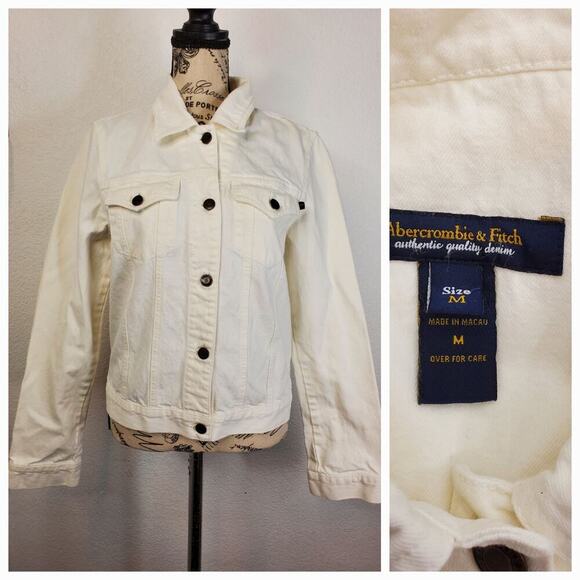 Abercrombie & Fitch Denim Jacket Womens Sz Medium Distressed 100% Cotton White - Picture 1 of 10